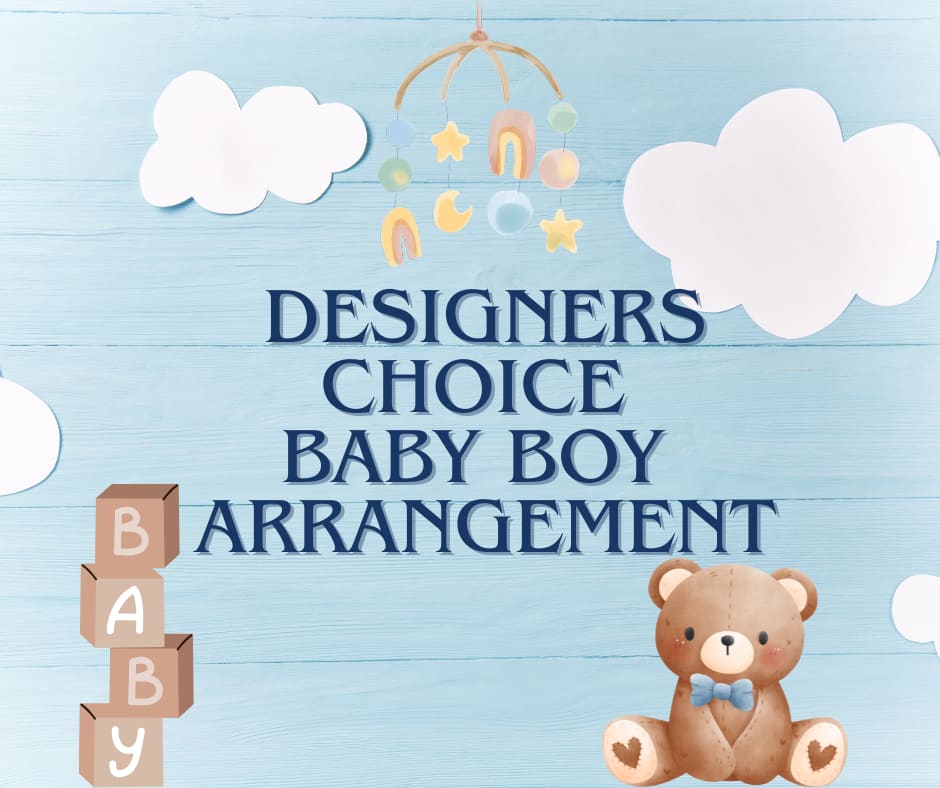 Baby boy arrangement graphic with clouds, blocks, and a teddy bear