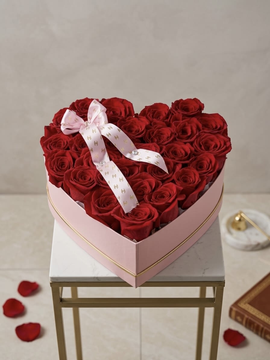 The Amour Box - An exquisite arrangement of fresh, vibrant red roses meticulously crafted into a stunning heart-shaped box. Presenting 'The Amour Box'—perfectly framed in a chic pink container and finished with a stylish light pink branded ribbon, this romantic and luxurious display makes for an unforgettable gift.