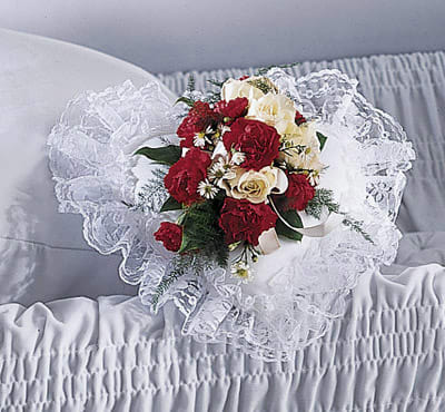 Red and cream rose bouquet with lace wrapping