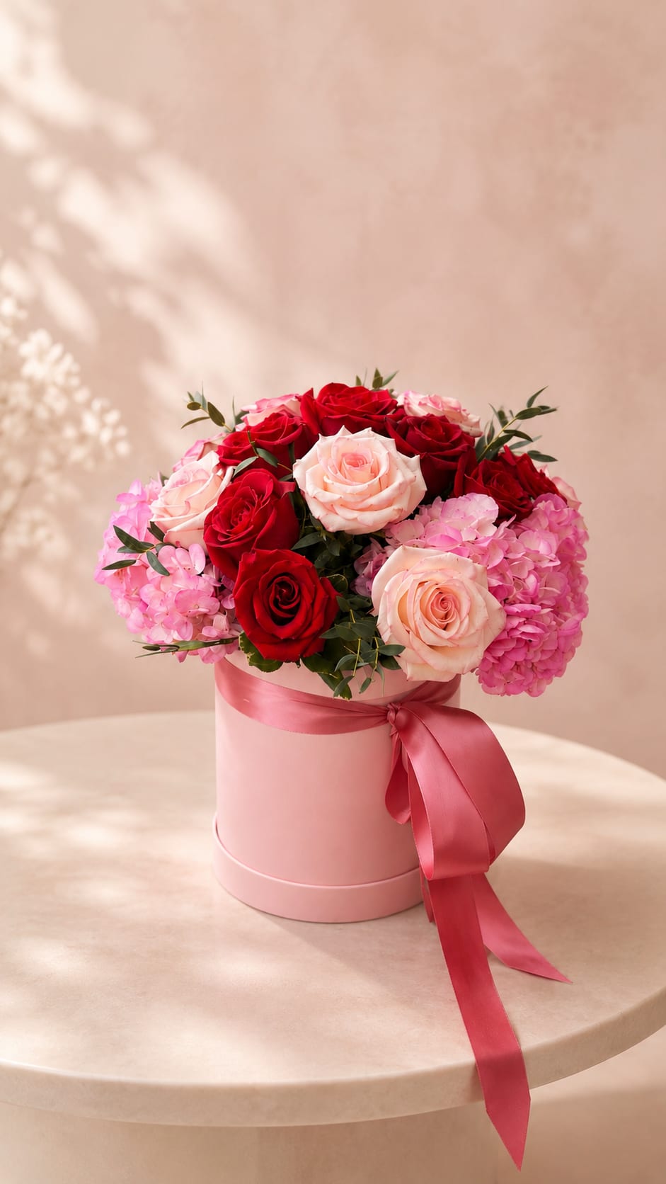 Rati's Rosy Embrace – Luxury Hat Box - Inspired by Rati, the Hindu goddess of love, passion, and affection, Rati's Rosy Embrace is a graceful celebration of romance and heartfelt emotion.  This luxurious arrangement combines vibrant red roses, soft blush roses, lush pink hydrangeas, and fresh seasonal greenery in Flower Fairy's signature keepsake hat box. Rich romantic tones blend with delicate textures to create a sophisticated design that feels both timeless and unforgettable.  Perfect for anniversaries, birthdays, Valentine's Day, engagements, or any occasion when you want to make someone feel truly cherished.  Each arrangement is handcrafted by Flower Fairy using the freshest premium flowers available. While occasional substitutions may be necessary due to seasonal availability, we always preserve the overall style, color palette, and luxurious presentation of every design.  Features: Premium red roses Premium blush roses Pink hydrangeas Fresh seasonal greenery Luxury keepsake hat box Handcrafted by Flower Fairy Same-day flower delivery throughout the Phoenix Metro Area Designed by your local Phoenix florist