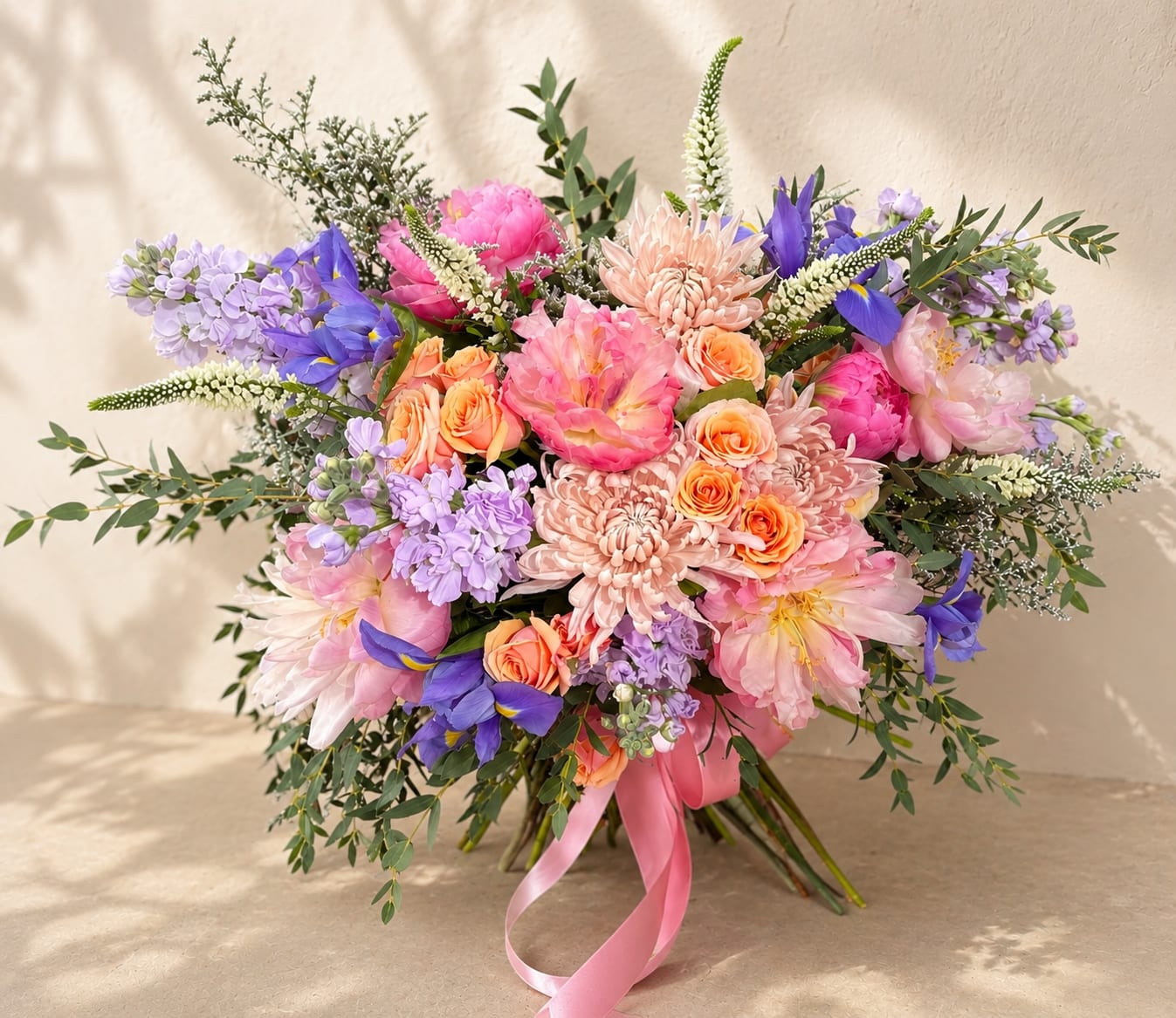 Eos' Morning Garden – Luxury Garden-Style Bouquet - Inspired by Eos, the Greek goddess of the dawn, this bouquet captures the soft colors and fresh beauty of an early morning garden. Its graceful silhouette and delicate palette evoke the first light of a new day.  Designed in Flower Fairy's signature garden style, this luxurious wrapped bouquet features lush pink peonies, peach spray roses, lavender stock, blue irises, blush chrysanthemums, white veronica, fresh eucalyptus, and carefully selected seasonal flowers. The naturally airy composition creates movement and depth, allowing every bloom to shine while maintaining an elegant, hand-gathered appearance.  Perfect for birthdays, anniversaries, Mother's Day, congratulations, baby showers, thank-you gifts, or simply celebrating life's beautiful moments, this bouquet brings timeless elegance to any occasion.  Each arrangement is handcrafted by Flower Fairy using the freshest flowers available. While occasional substitutions may be necessary due to seasonal availability, we always preserve the overall style, color palette, and premium quality of every design.  Features: Premium peonies Garden-style bouquet Spray roses Seasonal flowers Fresh eucalyptus Hand-tied wrapped bouquet Luxury floral design Same-day flower delivery in Phoenix