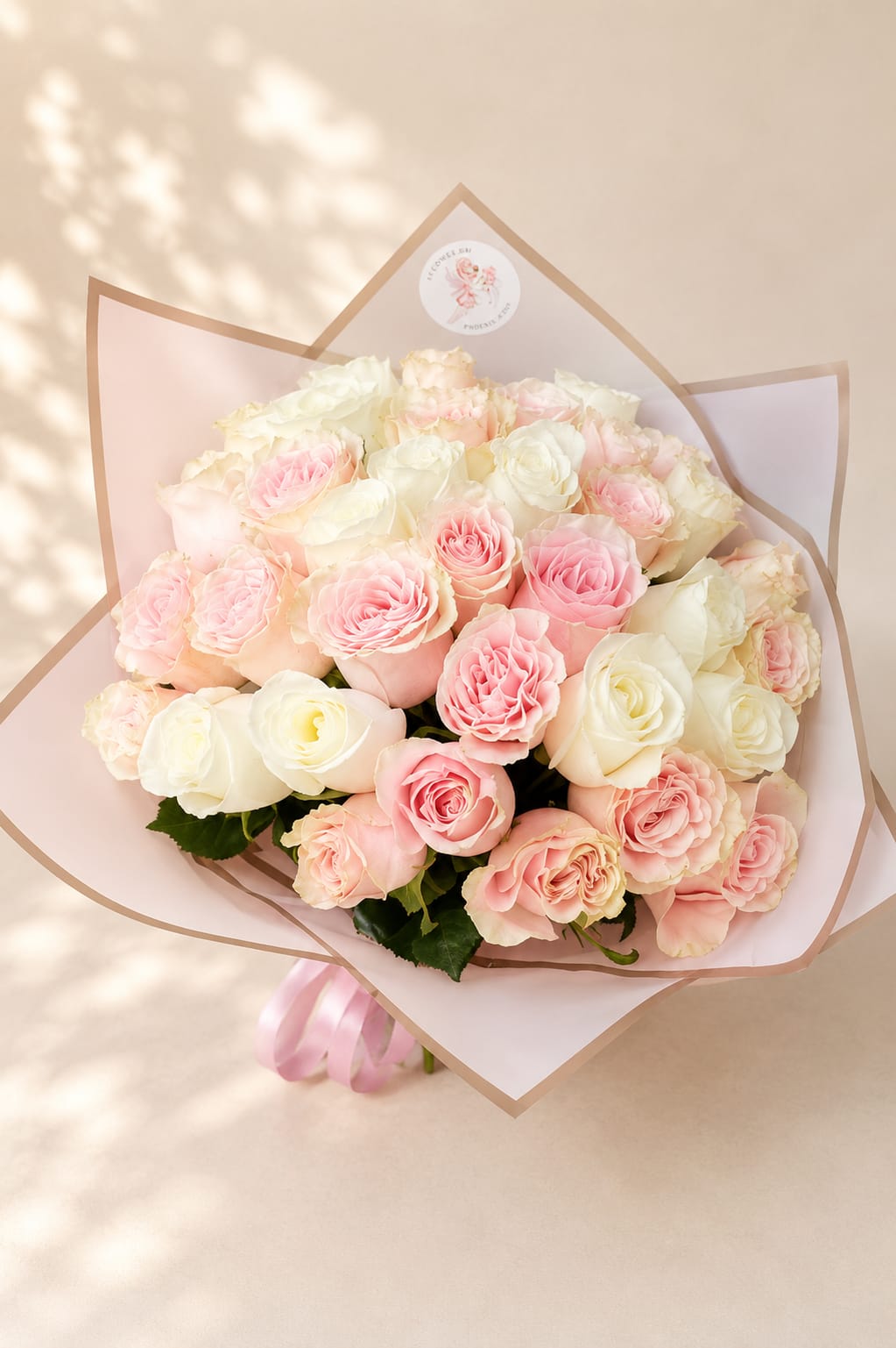 Asteria's Devotion – Three Dozen Luxury Roses - Inspired by Asteria, the Greek goddess of starlight, this bouquet reflects quiet elegance, lasting devotion, and the beauty of life's most meaningful moments.  Handcrafted by Flower Fairy, this luxurious bouquet features 36 premium roses in a romantic blend of blush pink and ivory tones. Wrapped in elegant waterproof designer paper and finished with a satin ribbon, the bouquet highlights the natural beauty of each bloom while maintaining a modern, sophisticated presentation. The soft pastel palette makes it a timeless expression of love, appreciation, and celebration.  Perfect for anniversaries, birthdays, Valentine's Day, engagements, congratulations, Mother's Day, or simply reminding someone how much they mean to you.  Each bouquet is handcrafted by Flower Fairy using the freshest roses available. While slight shade variations may occur due to seasonal availability, we always preserve the overall style, color palette, and premium quality of every design.  Features: Premium roses (36/standard size, 50/deluxe, 75/premium)  Blush and ivory roses Luxury wrapped bouquet Waterproof designer wrapping Satin ribbon finish Handcrafted by Flower Fairy Same-day flower delivery in Phoenix