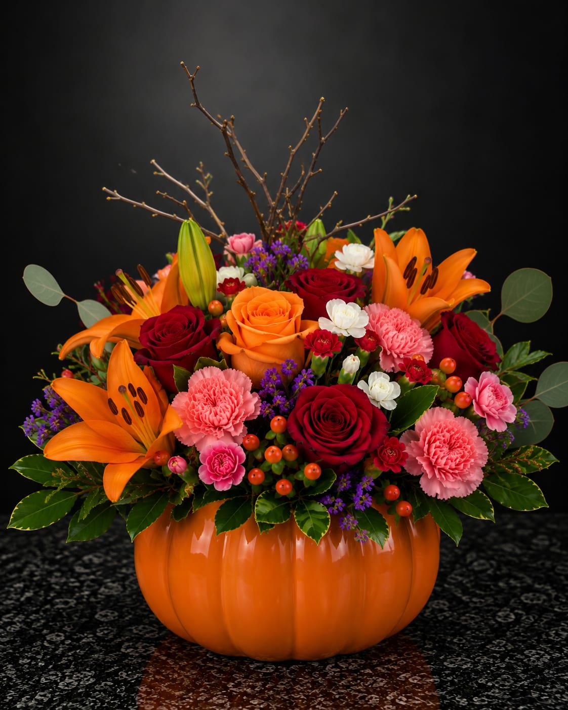 Orange lilies and red roses arranged in a pumpkin-shaped vase