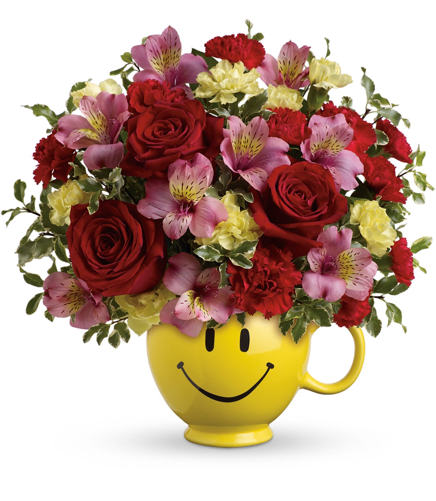 Bouquet of red roses, pink alstroemeria, and yellow carnations in a yellow smiley-face mug