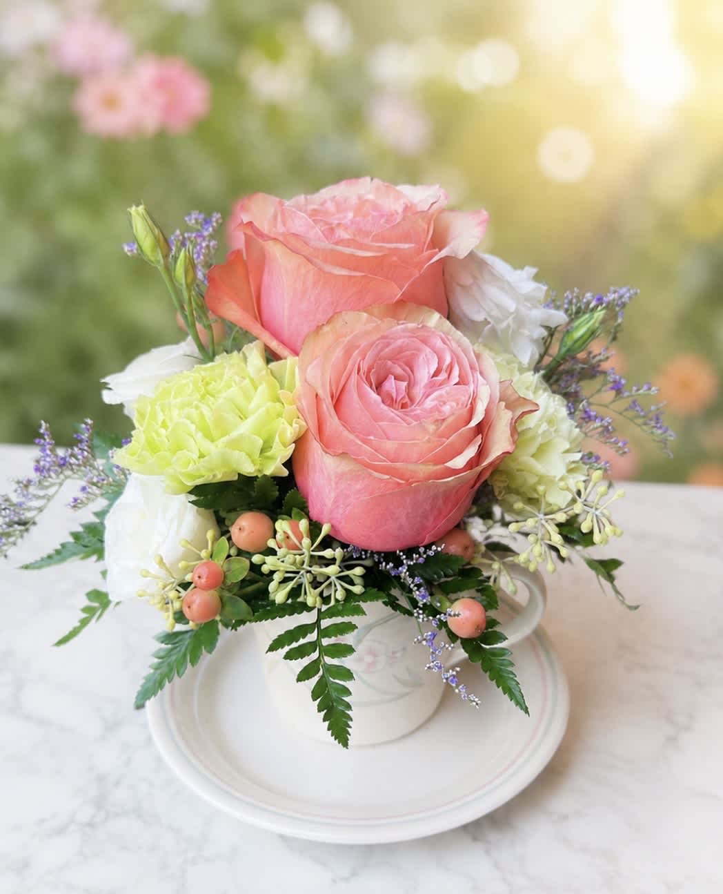 Pink roses and pale green carnations in a white teacup arrangement
