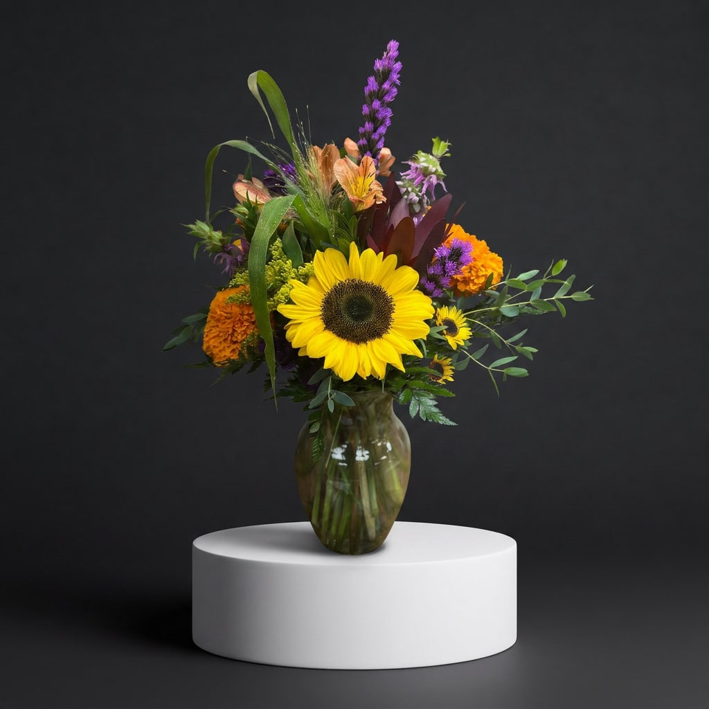 Mixed bouquet with a large sunflower in a glass vase