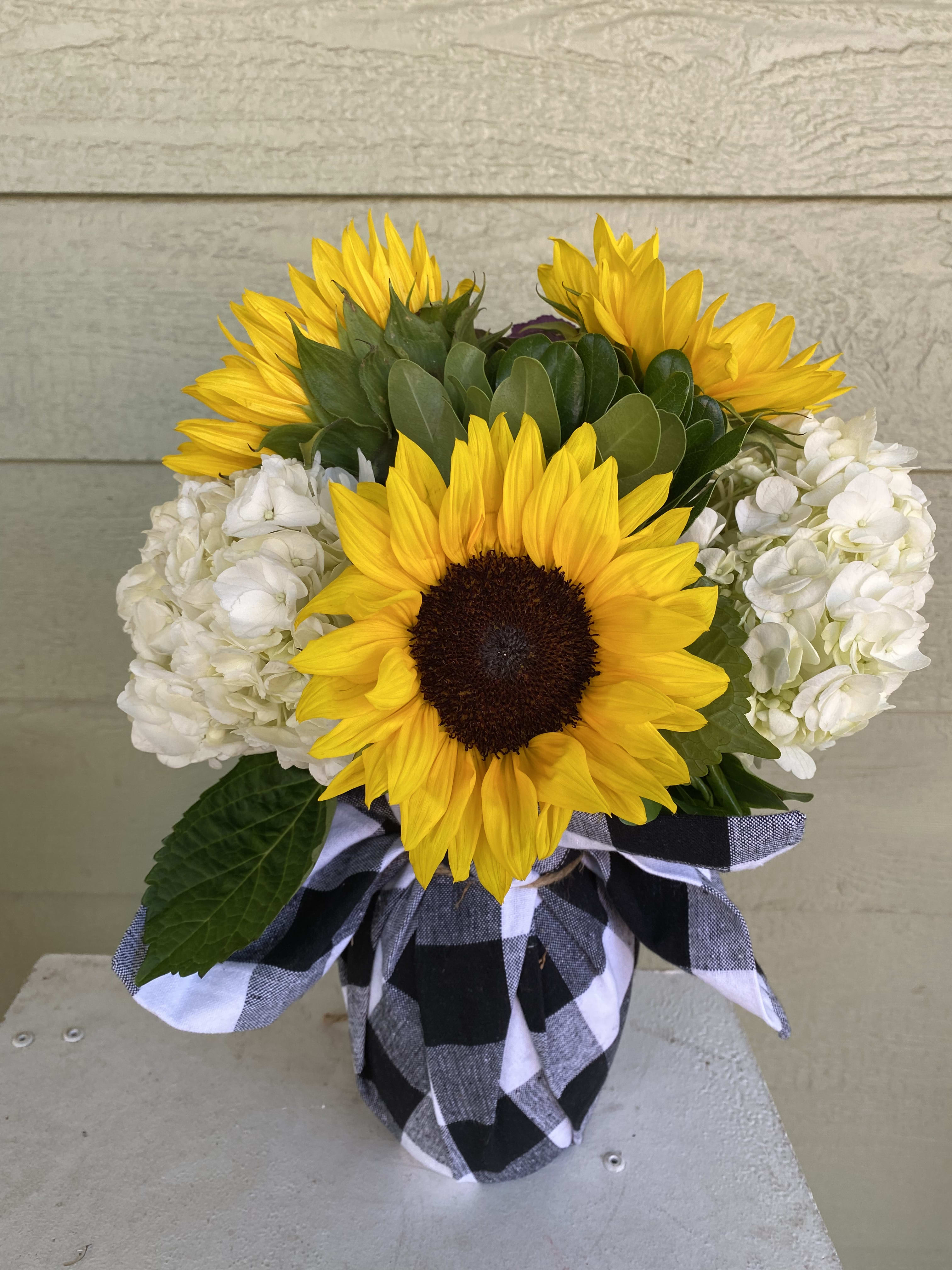 Where The Buffalo Roam - Our Where the Buffalo Roam floral arrangement has hydrangea, greens, and sunflowers arranged in a Buffalo Plaid Cloth vase to bring stylish charm to your loved ones home this Fall! Where seldom is heard a discouraging word and the clouds are not cloudy all day!