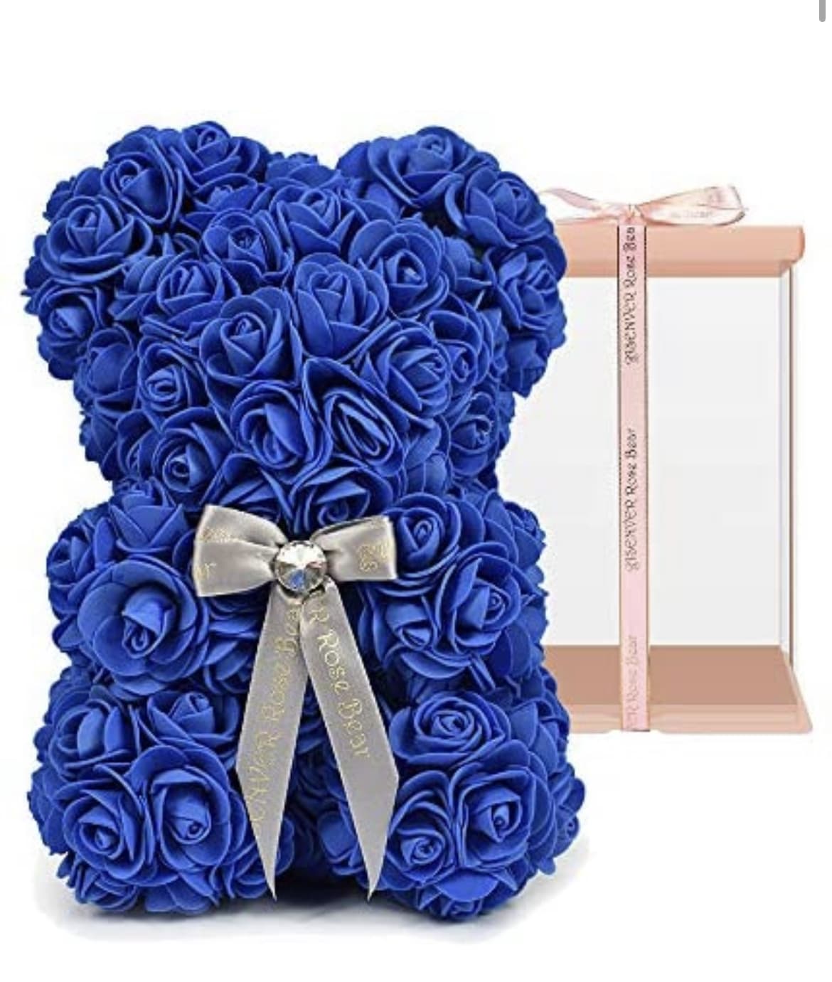 Blue rose teddy bear with a ribbon bow in a gift box