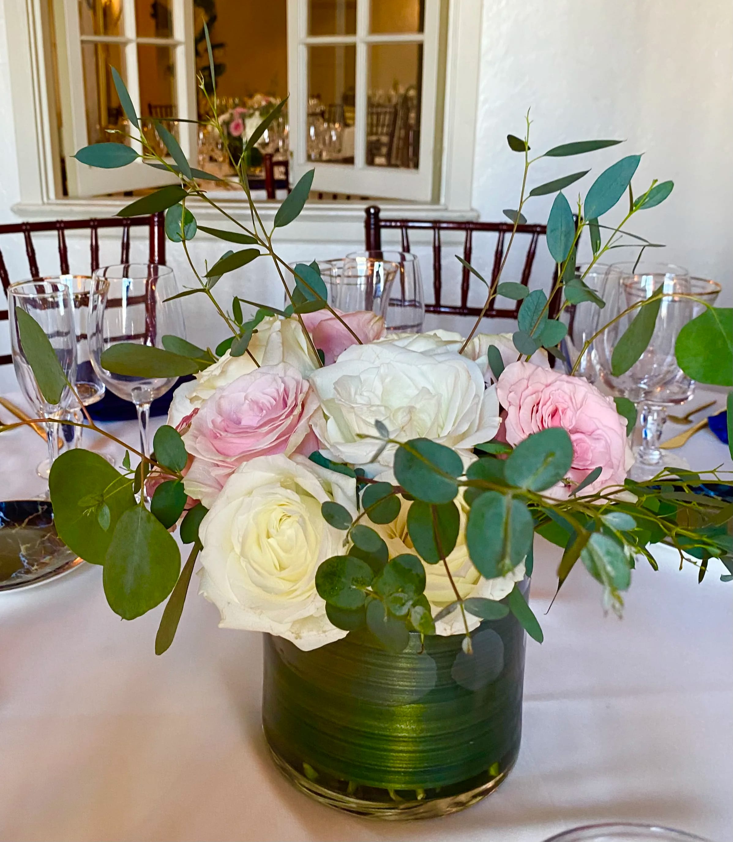 Wedding Centerpiece 1 - Roses, green in 6x6 glass cylinder vase 