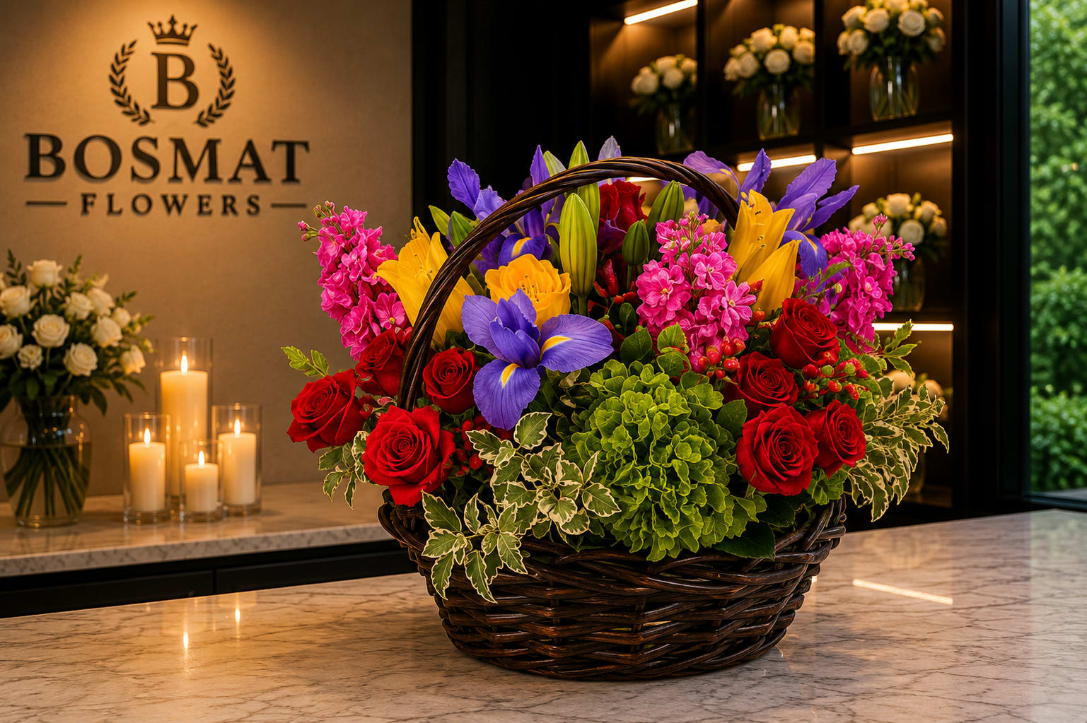 Basket arrangement of red roses, purple irises, and pink flowers