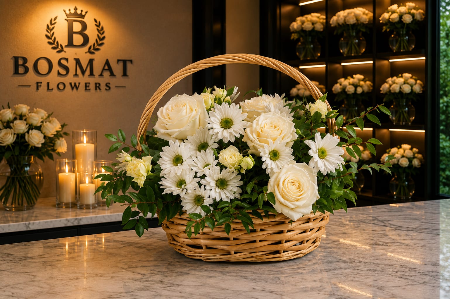 Basket arrangement of white roses and daisies with greenery