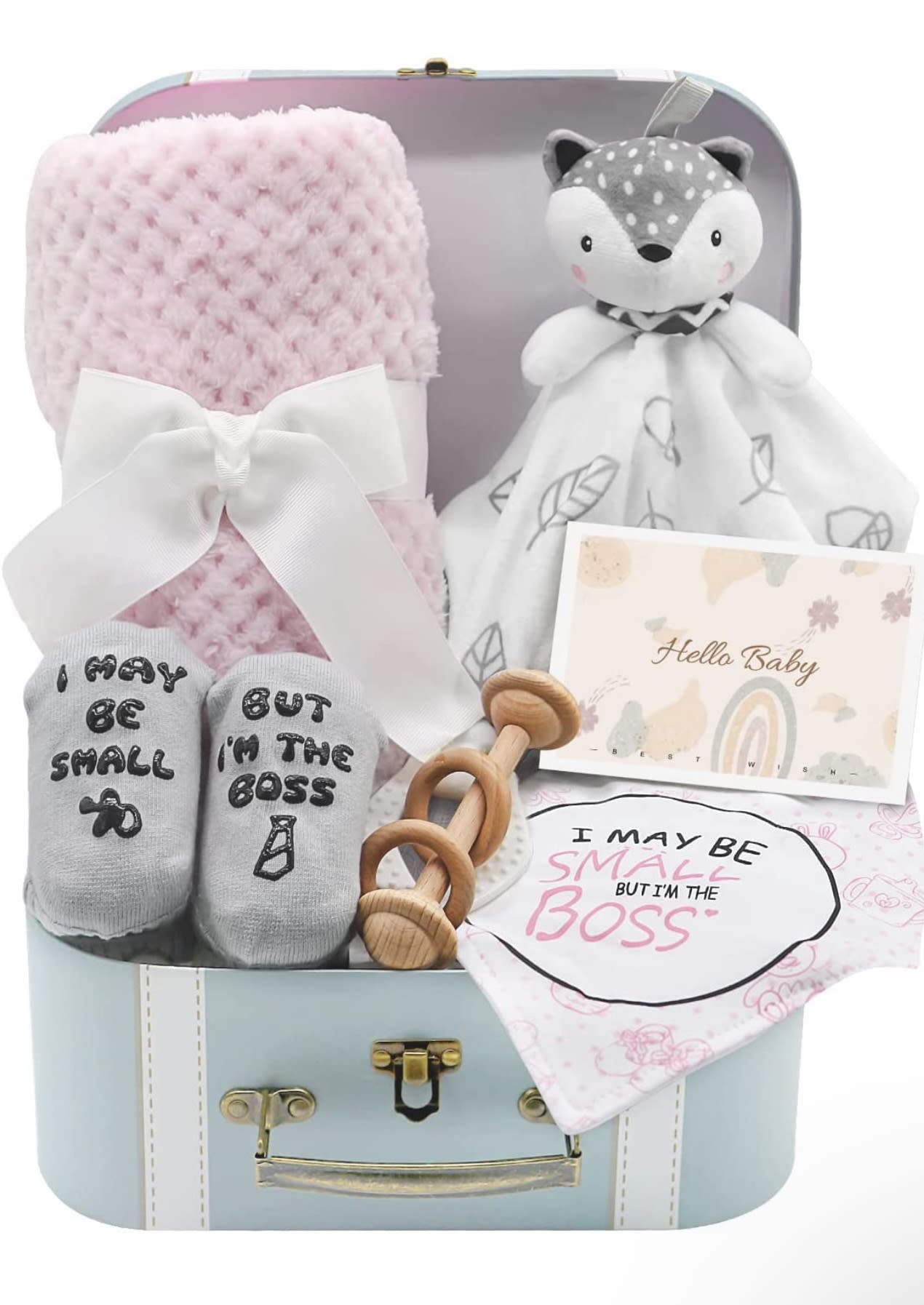 Baby gift basket with a pink blanket, plush fox, socks, and a card