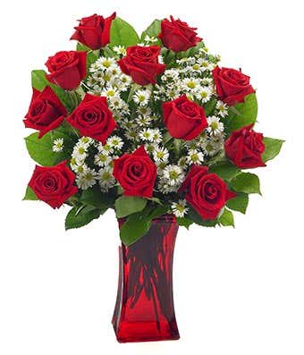 Standout Love Special - The perfect design of roses with white filler flowers accented with deep green Salal in a special ruby vase.  This design sends a message of love and care to your special Valentine!