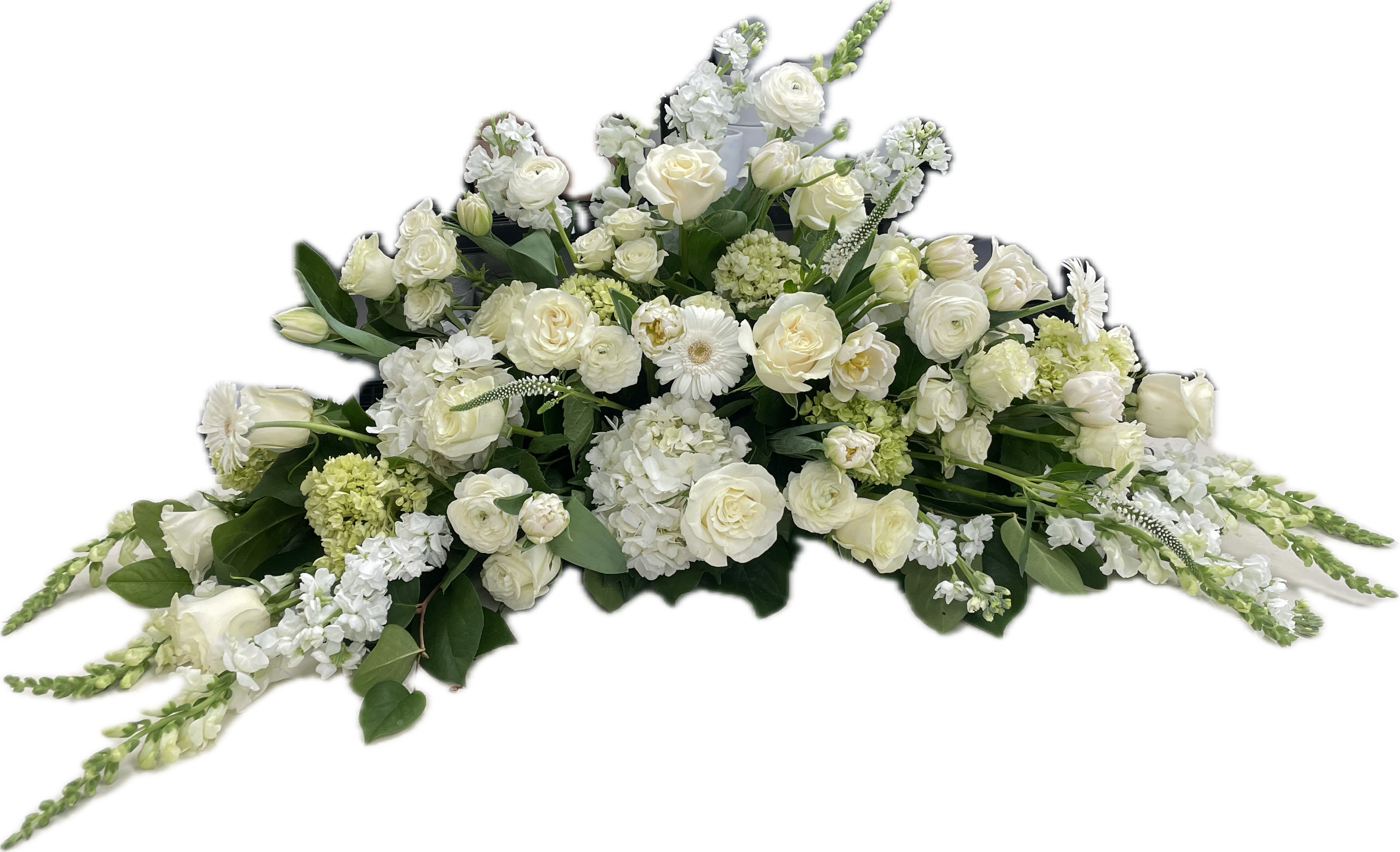 Large white floral spray with roses and mixed blooms