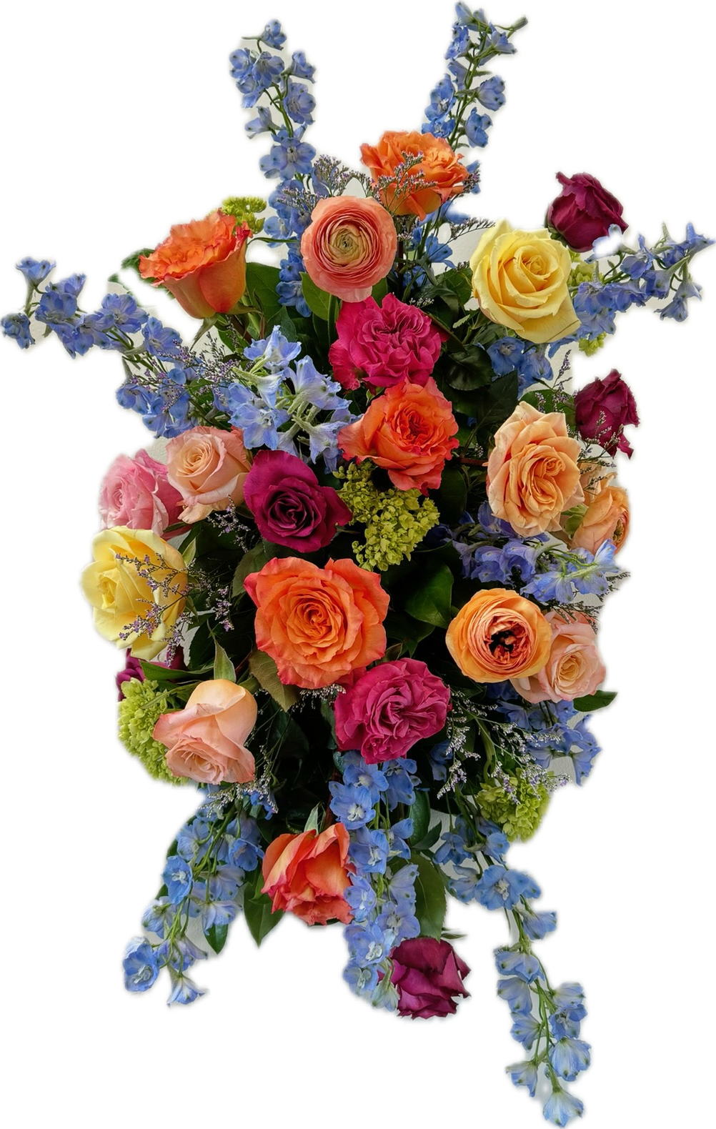 Brilliant Spirit Standing Spray - Brilliant Spirit is a vibrant celebration of life, honoring a soul filled with light, joy, and unforgettable energy. This spray brings a burst of color, reflecting the beauty of cherished memories and a spirit that continues to shine. A bold mix of roses, hydrangeas, Gerber daisies, delphinium, and stock create a radiant display of love and remembrance. This arrangement is thoughtfully designed using the freshest flowers available for the season. While the overall look and palette will be honored, specific flowers may vary. Advance notice is requested for funeral arrangements due to the scale of these designs.