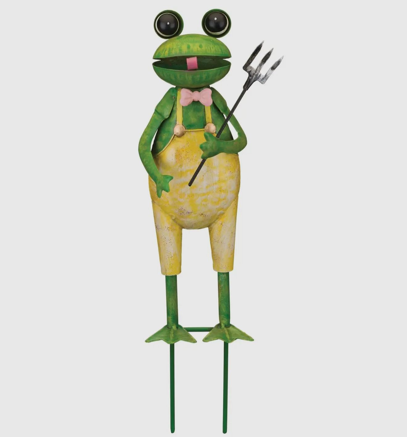Decorative frog figurine holding a trident on metal stakes