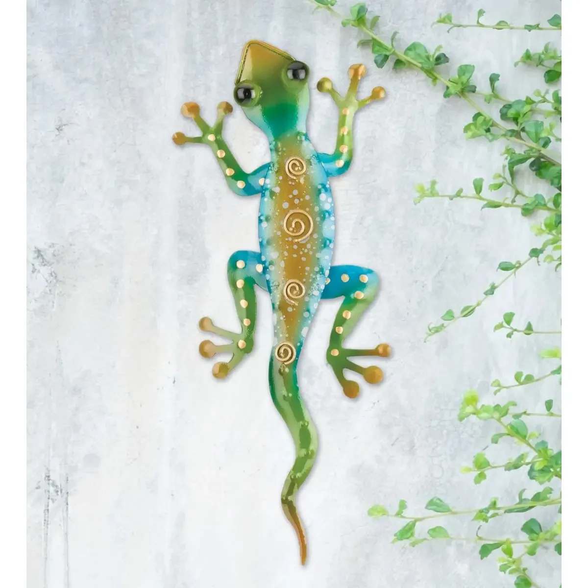 Gecko Decor 11" - Rainbow Green - Cute, small décor or wall décor (with hangers) featuring hand painted details and welded wire accents. Details SKU: 05519 Made in China Dimensions: 5 x 1 x 11 in (12.7 x 2.5 x 27.9 cm) UPC: 657641055199