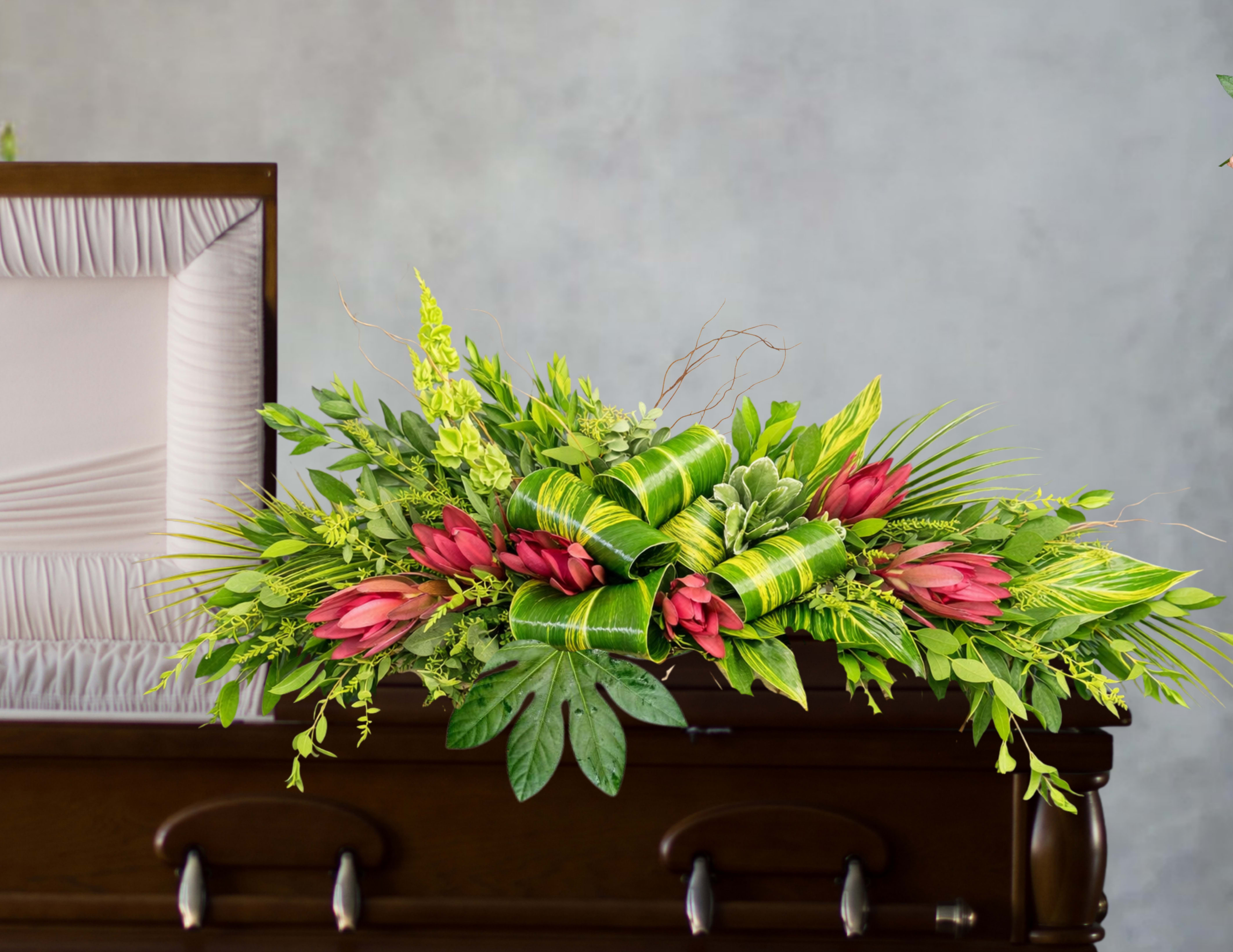 A life well rooted casket spray  - Lush variegated foliage and saturated tropical blooms form a dramatic funeral casket spray designed to honor a life well rooted. This casket spray for a memorial or funeral lays low across the top of a dark wood casket, creating a composed, dignified silhouette that reads both formal and warmly personal - the kind of tribute that helps the person you're remembering feel cherished and seen.  Layered broad variegated leaves, palm-like fronds, and curled accent foliage create the structured, exotic base while bold tropical flowers in pink and red provide vibrant focal points. The low, wide design hugs the casket's profile so the greens and blooms read cohesively from every vantage; the contrast between deep greens and vivid pinks gives the piece a natural, living quality without being fussy. Hard goods include the finished casket mount ready for placement.  Chosen for wakes, funerals, and memorial services, this spray offers a meaningful, elegant way to express sympathy and celebrate a grounded, well-lived life. Because it's made with sturdy tropical material and a secure casket base, it arrives prepared for service; please contact us with casket dimensions or service timing to ensure proper placement and freshest presentation.
