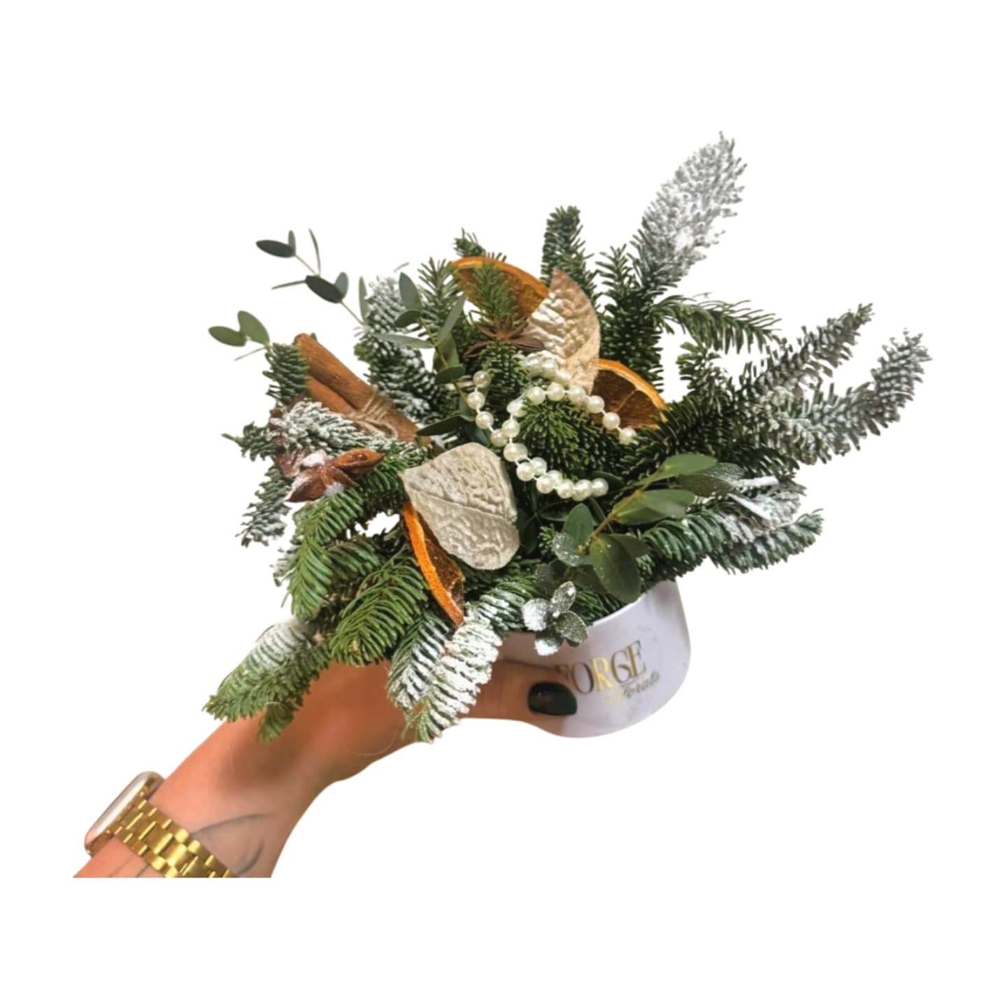 Winter mini forest (set of 3) - A tiny Christmas forest for your home   Set of two mini arrangements in our Forge Florals pots, filled with: fresh winter greenery, eucalyptus, pinecones, dried orange slices, cinnamon sticks, snowy branches, and sparkly details like pearls and glitter leaves.  Perfect for: – holiday table, bedside, bathroom or shelf – a small but fancy gift for friends, coworkers or hosts  Each set is designer’s choice, so decor pieces may slightly vary – but the cozy winter vibe and color palette will be the same in every pair.