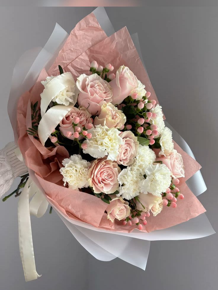 Pink Berry mixed rose bouquet  - Beautiful light pink roses mixed with white dianthus and hypericum