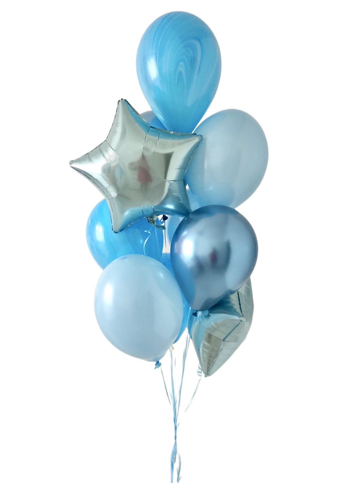 Cluster of blue and silver balloons with a star-shaped balloon