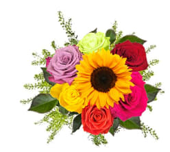 Bouquet of multicolored roses with a sunflower in the center