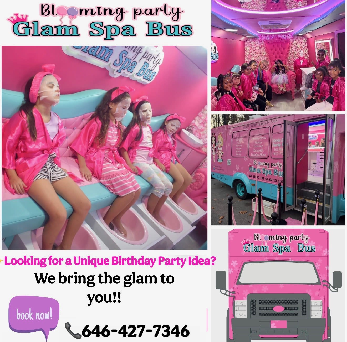 Sister company,  - Glam Spa Party Bus – A Blooming Party Experience  Looking for a unique and unforgettable birthday celebration?  Introducing our sister company, Glam Spa Party Bus — where luxury, fun, and pampering come together for the perfect girls’ party!   We bring the glam directly to you with a fully mobile spa experience featuring mini facials, manicures, music, and a picture-perfect setup your guests will love.  Perfect for birthdays, celebrations, and special moments    Book your experience today: 646-427-7346 ️ bloomingpartyglamspa@gmail.com  We bring the glam to you!