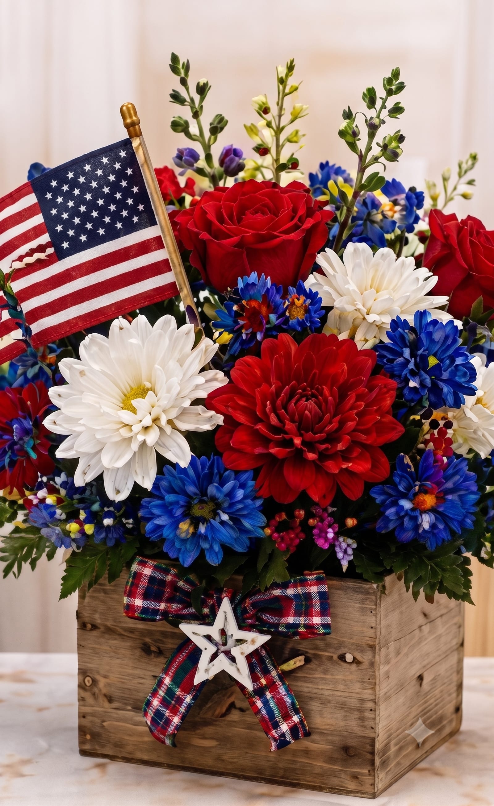 Stars &amp; Bloom Vase - A patriotic 4th of July arrangement with red roses and white and blue daisy-style chrysanthemums arranged in a vase. Finished with a small American flag and plaid ribbon, it’s a festive centerpiece perfect for summer gatherings or patriotic celebrations.