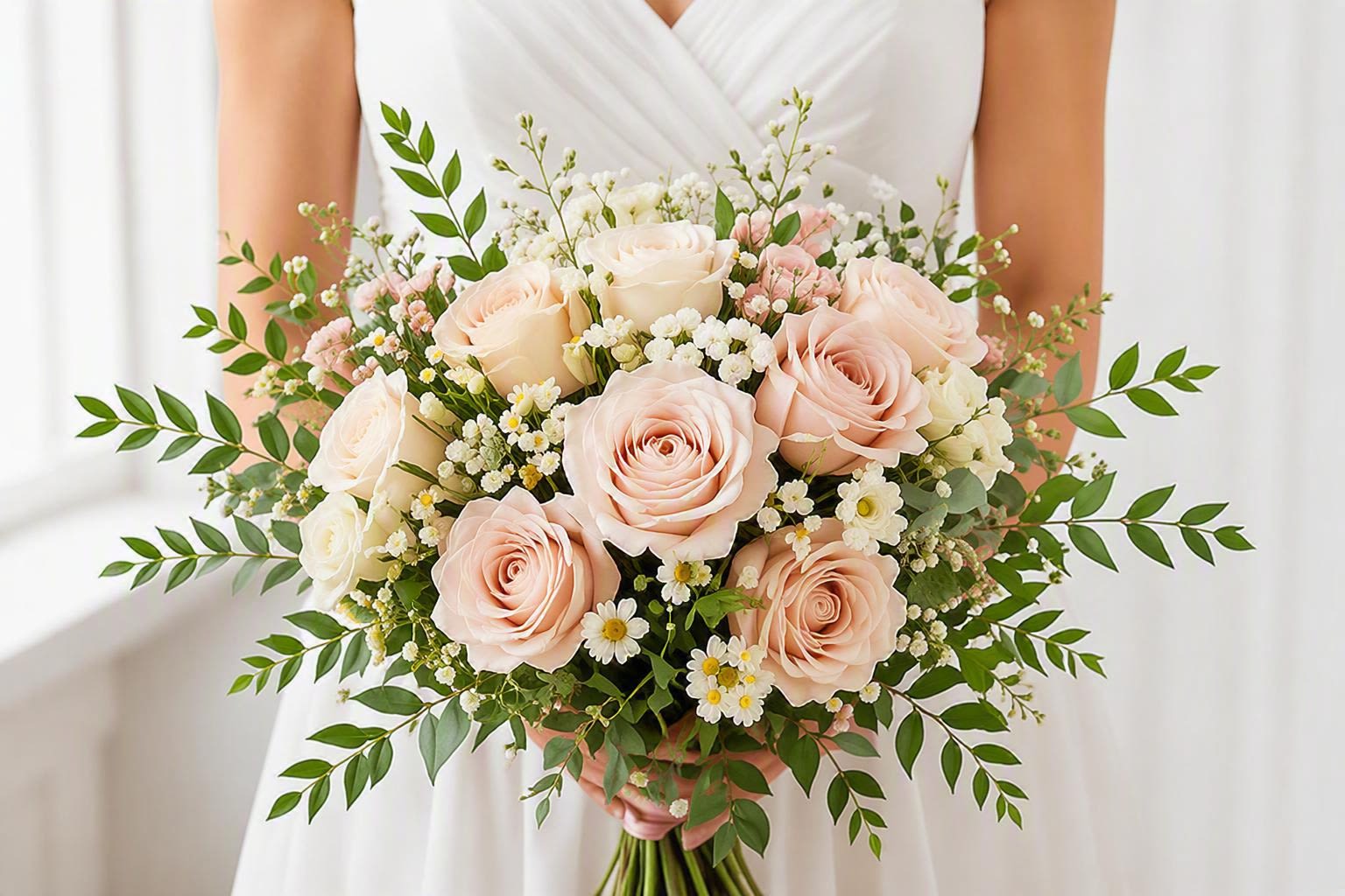 Blush Bridal Romance - A timeless bouquet of blush and cream roses accented with delicate filler flowers and fresh greenery. Handcrafted with premium blooms, this elegant bouquet is perfect for weddings, anniversaries, birthdays, or any special occasion. Flower varieties may vary based on seasonal availability.  