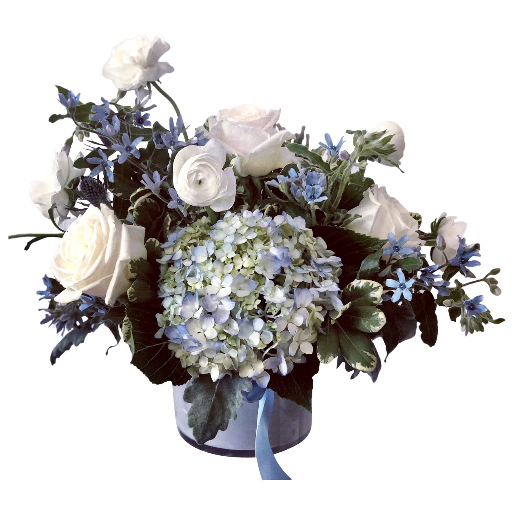 Little Harbour  - Inspired by sea and sky, this  Hydrangea and rose fresh flower arrangement is perfect for every occasion.