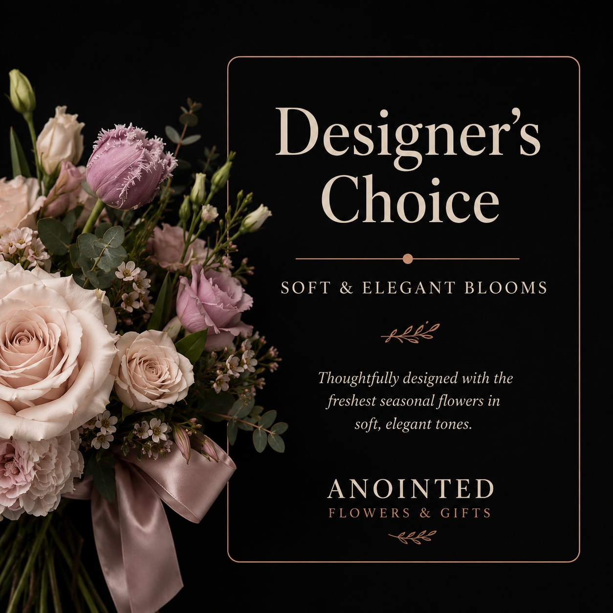 Designer’s Choice Soft &amp; Elegant Blooms - A lush cluster of soft white hydrangeas and pale pink roses creates a calm, tender statement-perfect as a Mother's Day gift or a thoughtful arrangement for an anniversary, birthday, or "I'm sorry" moment. This rounded flower arrangement reads as gentle and intimate, the kind of bouquet that makes the person you're thinking of feel seen and comforted, whether you mean to celebrate love and romance or offer quiet sympathy.  Creamy roses and spray roses are nestled among lisianthus buds, chrysanthemums, delphinium spikes, bells of Ireland, and muted green foliage for delicate texture and an airy edge. The blooms are gathered densely in a clear glass cylinder vase, giving it a compact, refined silhouette that suits bedside tables, mantels, or a small dining centerpiece. Ideal for Valentine's Day, holidays, or just-because surprises, this designer-curated mix brings a soft, elegant touch to any room and conveys warmth without overwhelming fragrance.