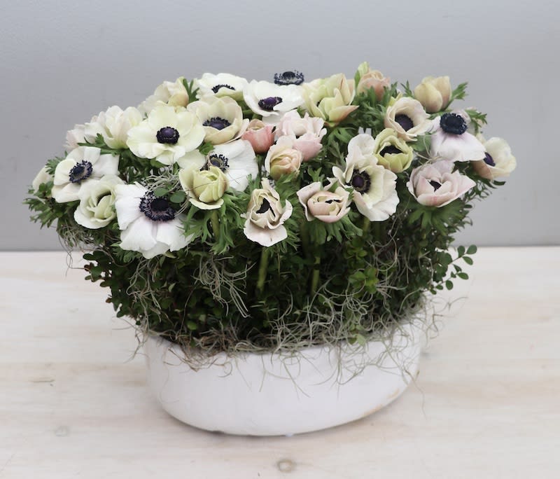 Low floral arrangement of white and blush blooms in a white bowl