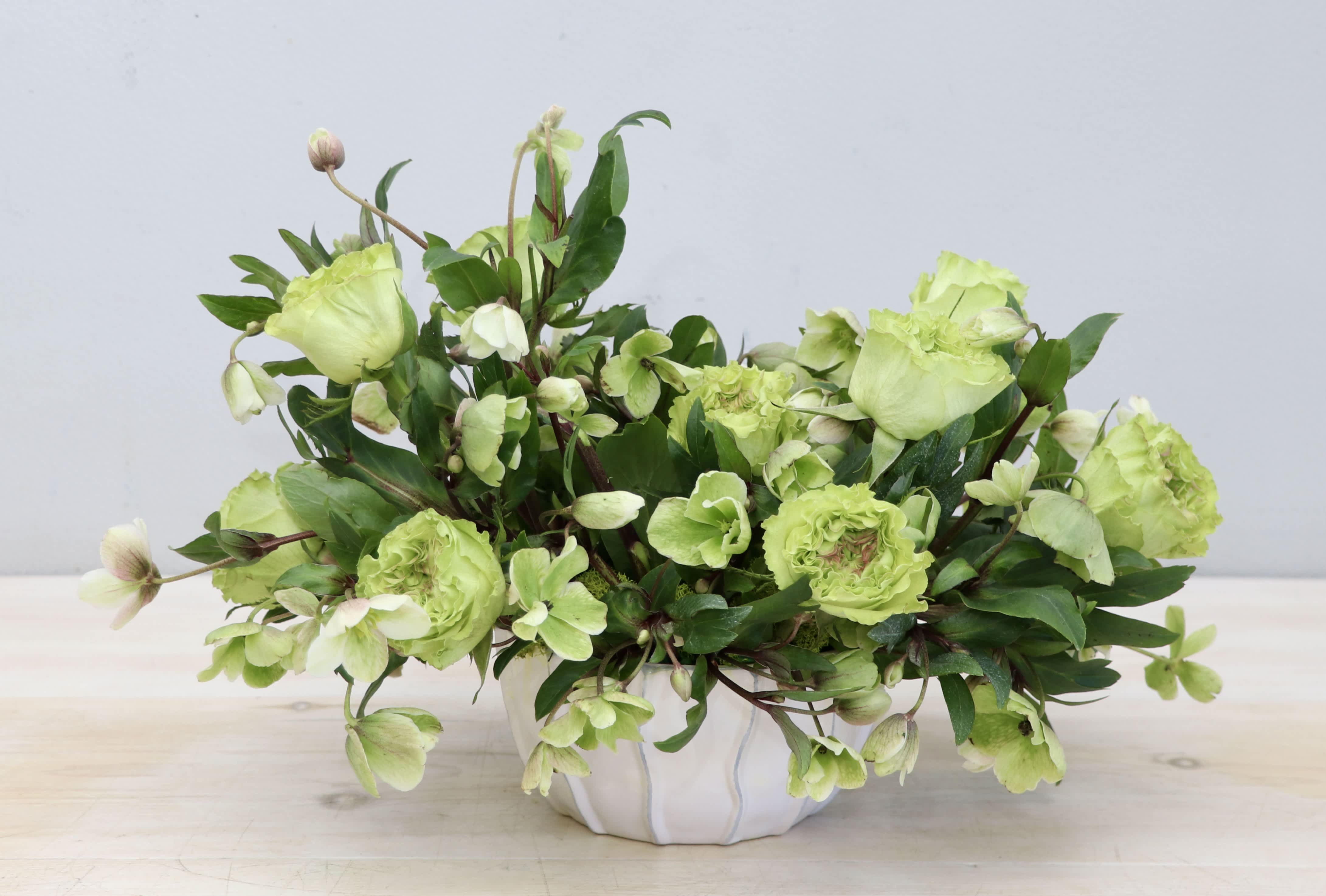 Low arrangement of light green blooms in a white ceramic bowl