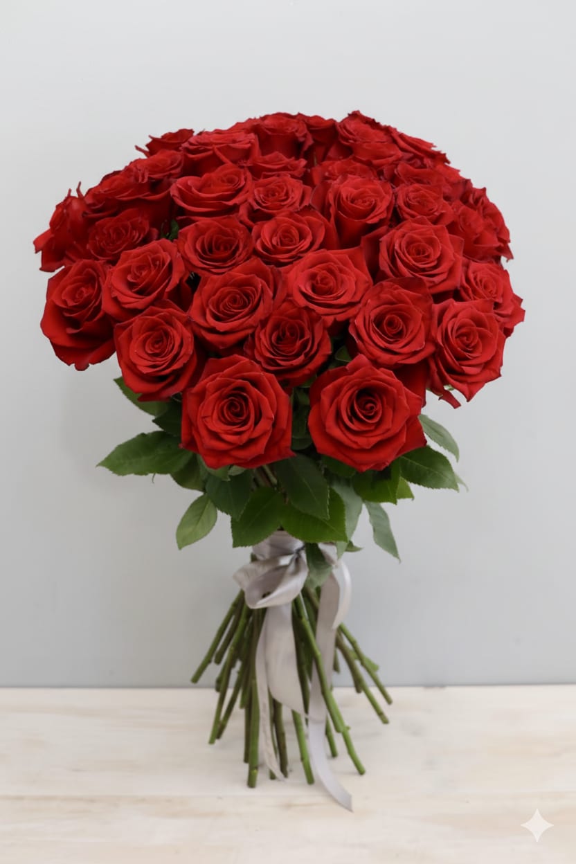 Large hand-tied bouquet of red roses with long stems tied by a silver ribbon