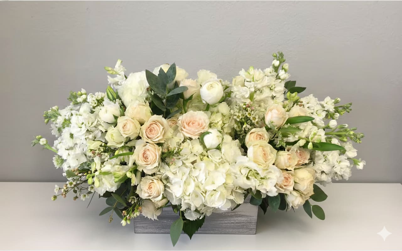 Low white and cream flower arrangement with roses and hydrangeas in a rectangular wooden box