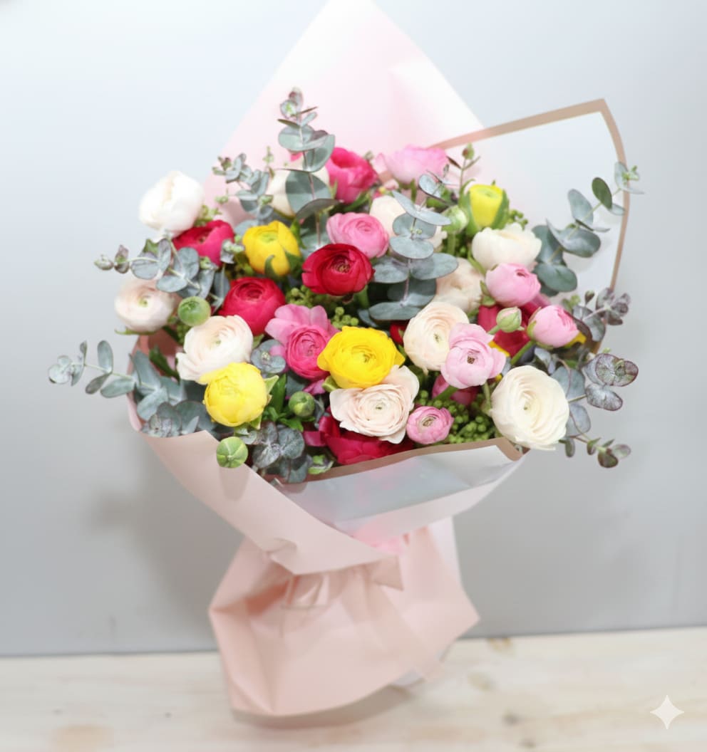 Hand-tied bouquet of pink, red, yellow and cream ranunculus wrapped in pale pink paper