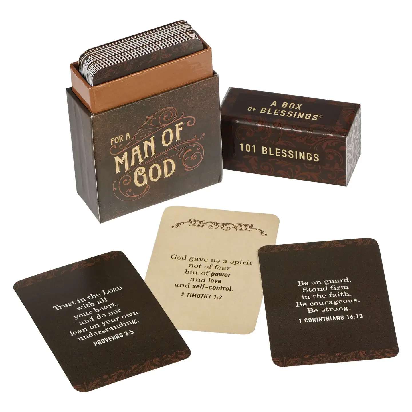 Box of Blessings For A Man of God - Gift the inspiring messages of the 101 Blessings for a Man of God Box of Blessings to a son, father, uncle, or friend to ground them in God's truth. Let the 101 Scripture verses within this box be a reminder of the power and strength that God gives to his children.     Full-color box with a bold brown design, Tan-lettered title, Man of God Honey-brown and Espresso Collection, 50 double-sided cards, 101 Scripture verses, Full-color print on the box, Full-color print on cards, Sturdy box with lid, Each box shrink-wrapped, Card size: 3.4" x 2.3" (86 x 58mm), Box size: 3.8" x 2.7" x 1.1" (97 x 69 x 28mm)
