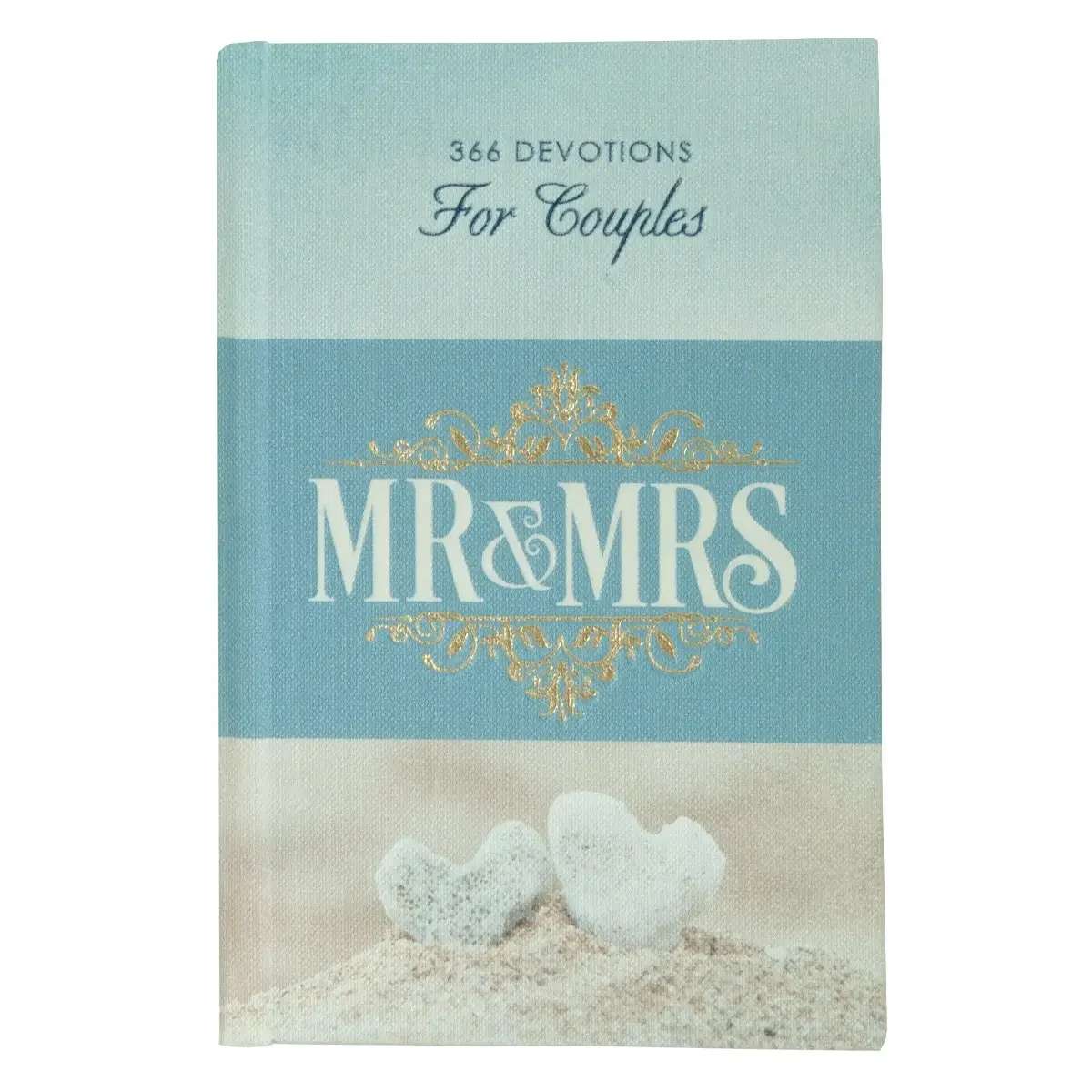 Devotional For Mr. &amp; Mrs. Hardcover - Start your new adventure as husband and wife by giving the struggles of each day to the LORD when you read the Mr. &amp; Mrs. Hardcover Devotions for Couples together.  Rob and Joanna Teigen used their life experience to create 366 devotions for young couples. The daily entries will guide couples to a deeper intimacy with each other and with God. Each daily entry starts with a Scripture verse, followed by a short and inspiring devotion, and finishes with a powerful prayer. Spend 5 minutes each morning going through the Mr. and Mrs. Devotions for Couples to draw strength from the truths of Scripture.  Serene beach scene with coral hearts cover design, Hardcover, Gold foiled title, 366 devotions, 388 gilt-edged pages, Two-color interior, Blue satin ribbon marker, Size: 7.2" x 4.8" x .8" (183 x 122 x 20 mm) 
