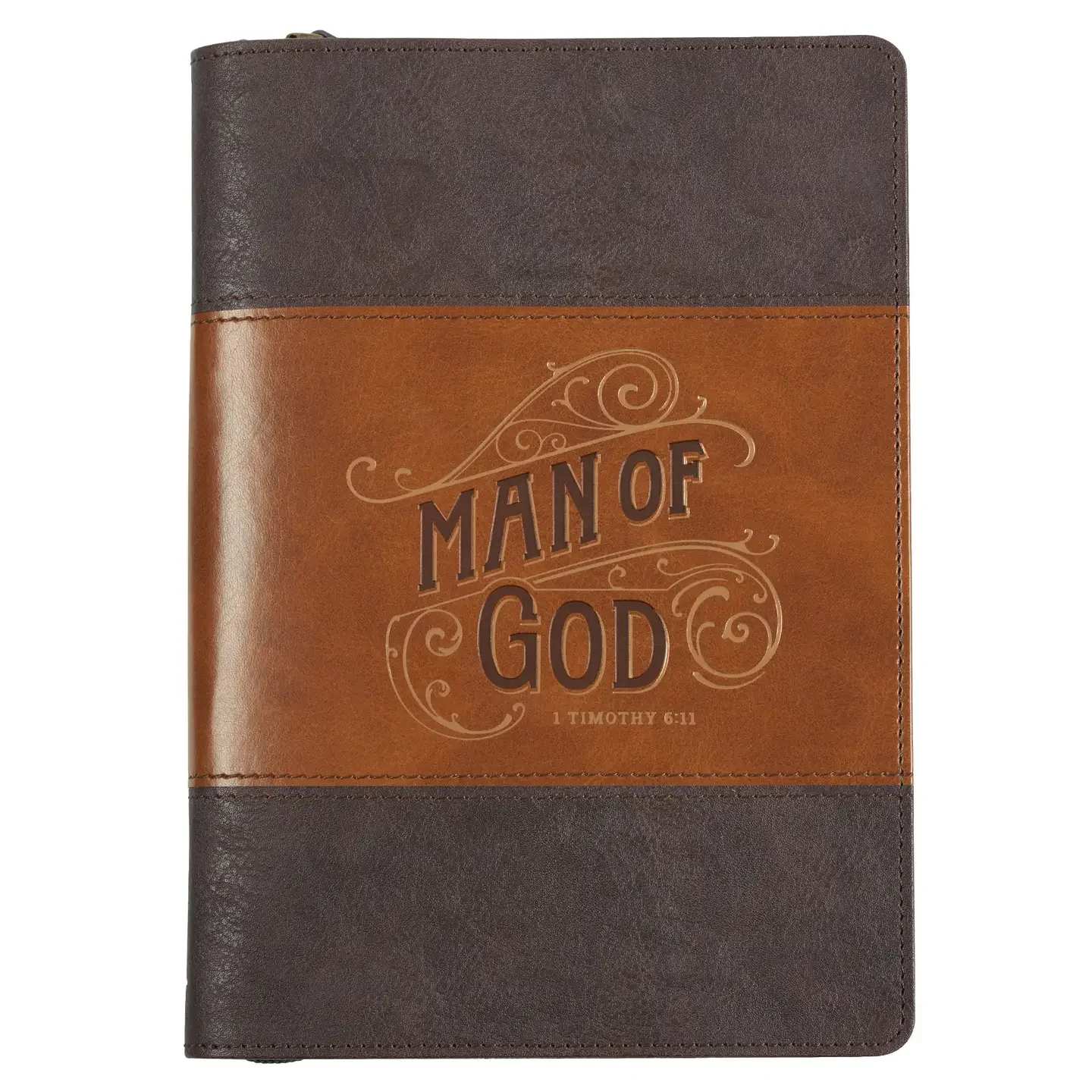 Journal Classic Zip Brown Two-Tone Man of God 1 Tim. 6:11 - The Man of God Honey-brown and Espresso Faux Leather Journal with Zipper Closure is a refined gift designed for the Christian man. It marries elegance with function and provides a beautiful place for daily journaling, prayers, or study notes. Heat-debossed typographical design,   Espresso and honey-brown faux leather,   Gold-foiled outlines,   Gold-foiled filigree accents,   Man of God,   1 Timothy 6:11,   Heat-debossed verse on back cover,   Man of God Honey-brown and Espresso Collection,   Flexcover,   Zipper closure,   Espresso-brown faux leather tab zipper pull,   Brass metal zipper,   Ribbon marker,   One-color interior,  336 lined pages,   Scripture on every page,   Presentation page,   Size: 9" x 6.4" x .9" (229 x 163 x 23mm) 