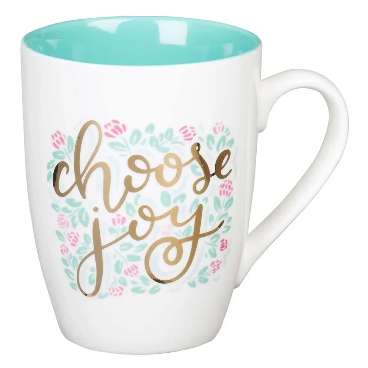 Mug Teal/White Floral Choose Joy - Prime your mind to think positive thoughts when you sip deliciousness from the creamy white Choose Joy Ceramic Mug. The simple encouragement to choose joy helps us realize that joy is not a result of our circumstances, but rather a reflection of our attitude.  You have the power to choose what kind of mindset to have. Ceramic Mug, Simple yet Elegant Design, Light Green Interior, Not Microwave or Dishwasher due to Delicate Foil, Packaged in tuck-top Kraft cardboard box, Packaging Dimensions: 4.4" x 4.4" x 3.5" (112 x112 x 89 mm), Capacity 12 fl. oz. (355 ml) 