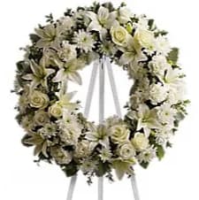 Serenity Wreath  - Fragrant and ethereal white blossoms set among a ring of soothing greens form a classic wreath certain to evoke the pure heart and gentle spirit of a loved one - and offer consolation during a funeral or wake.