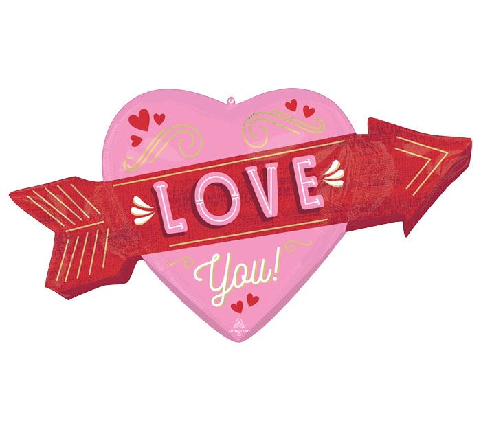 Pink heart-shaped balloon with a red arrow reading "LOVE You!"