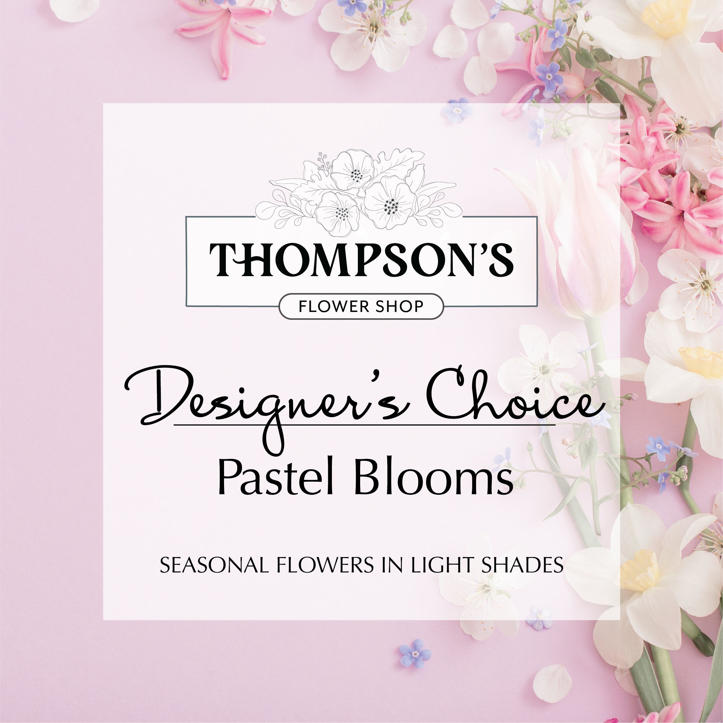Graphic for pastel designer’s choice flowers with light pink and white blooms on a pink background