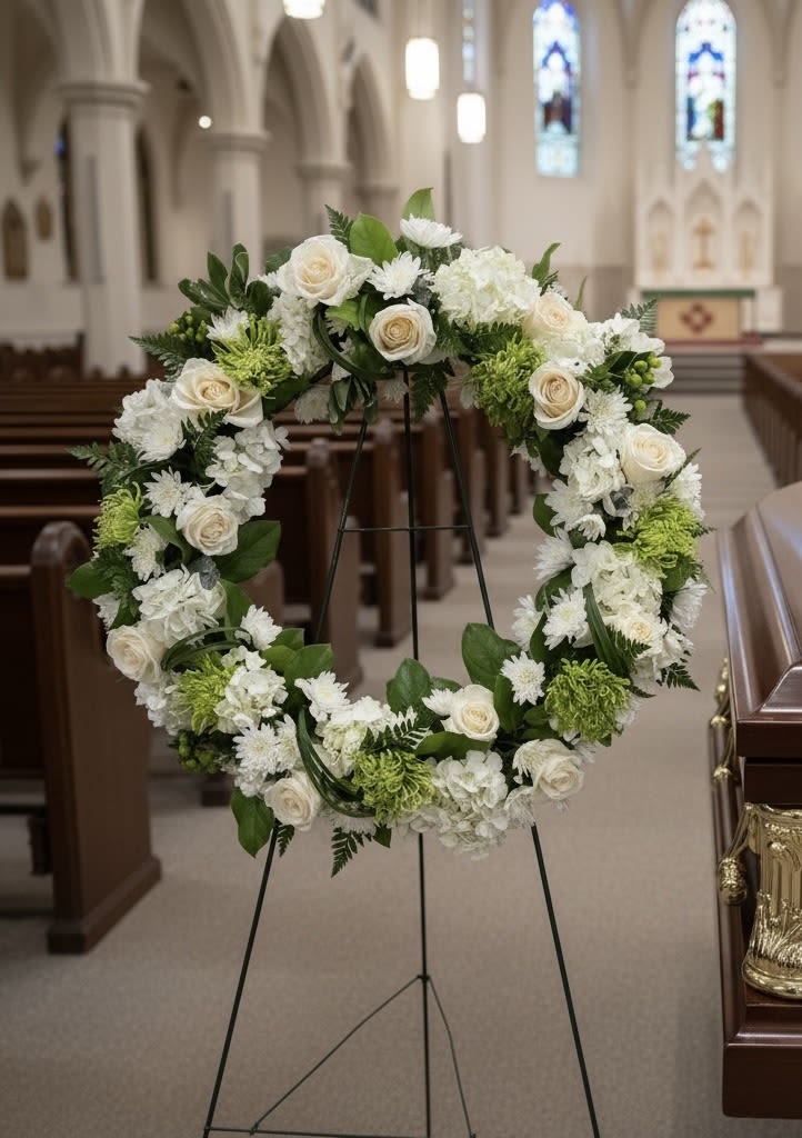 Continuous Love - A beautiful white and green tribute wreath that calms, this easel arrangement celebrates a full life and a peaceful passing. 