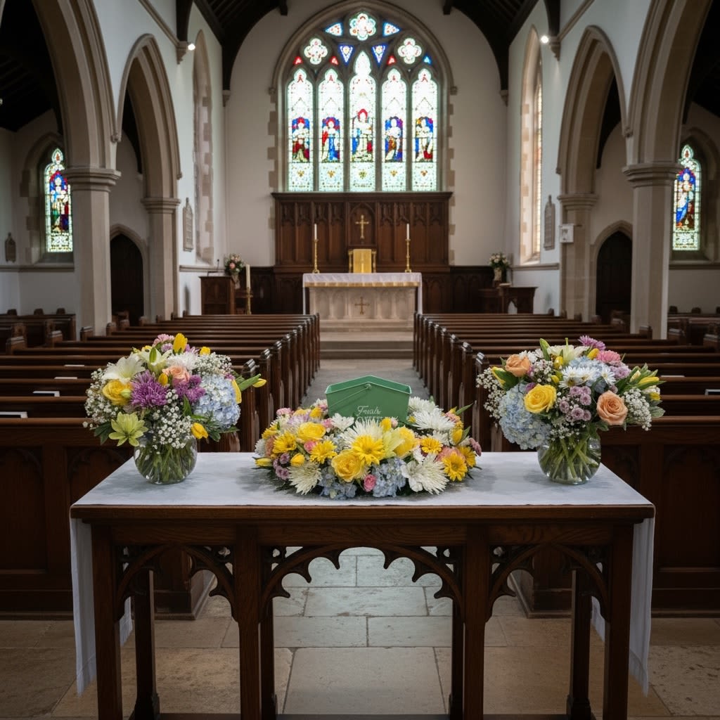 Floral arrangements on a table inside a church