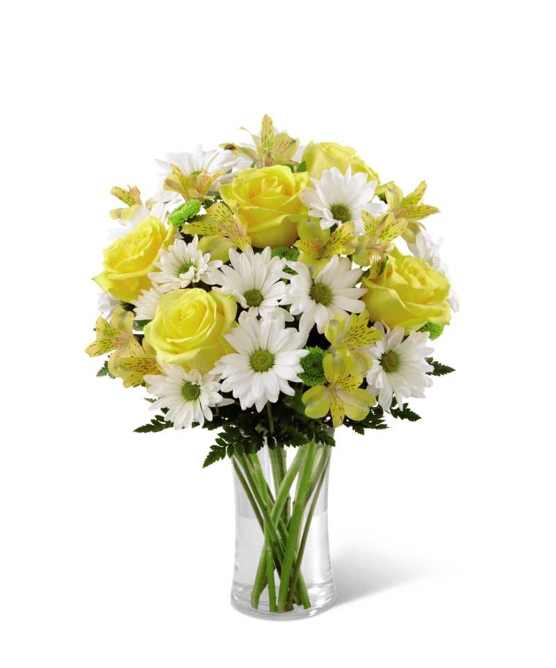  Sunny Sentiments Bouquet -  yellow roses and Peruvian Lilies, daisies and green button poms, Accented with lush greens and arranged in a classic clear glass vase