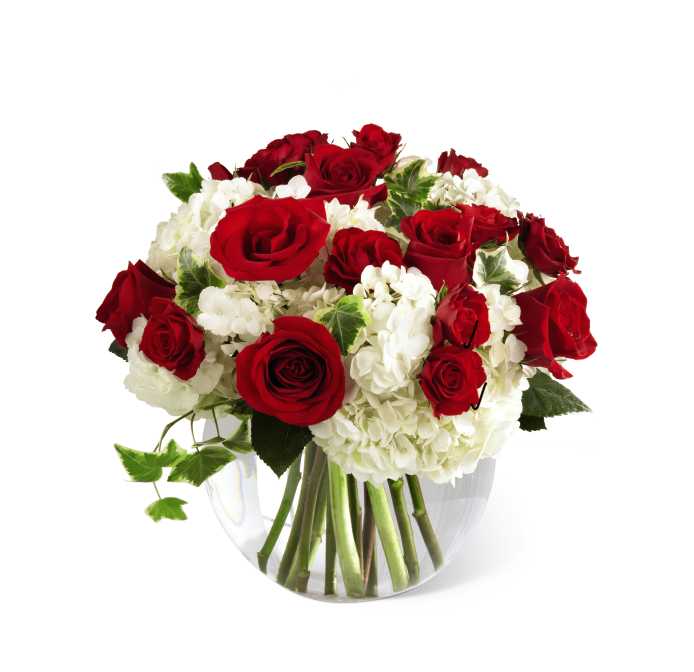 Red roses and white hydrangeas in a clear glass vase