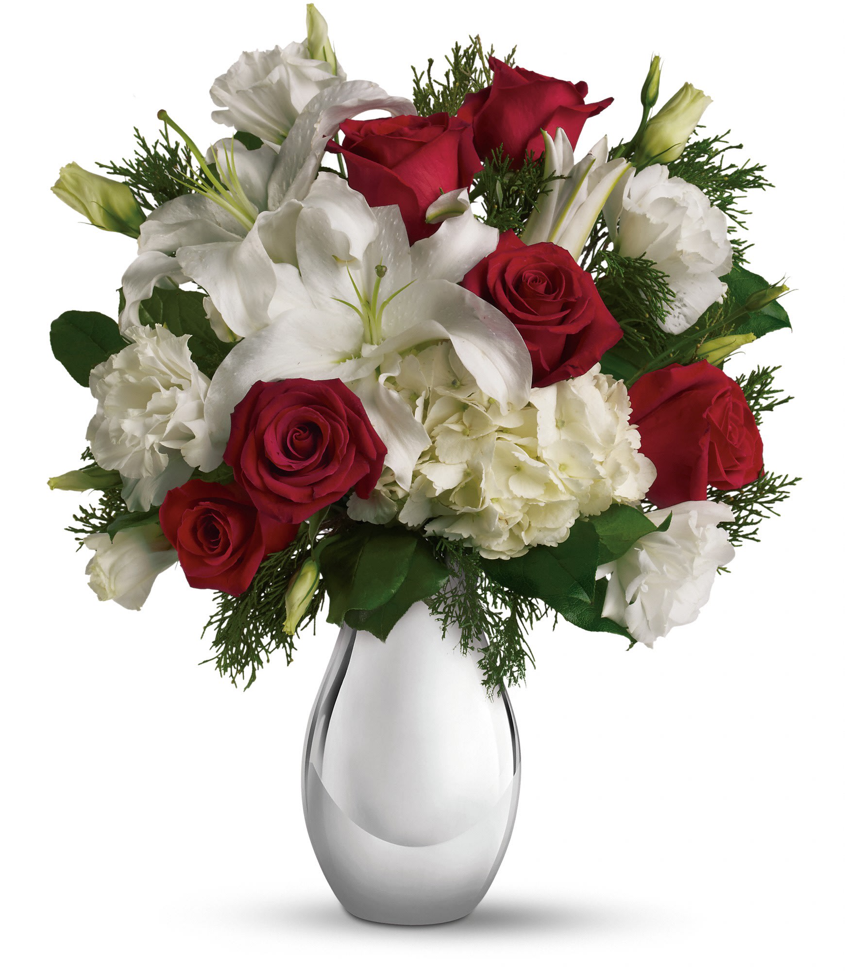  Silver Noel Bouquet - The lovely Christmas bouquet includes white hydrangea, red roses, white oriental lilies and white lisianthus accented with flat cedar. Approximately 14 1/2" W x 17" H. T406-1A