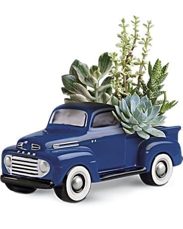 Blue vintage pickup truck planter with succulents