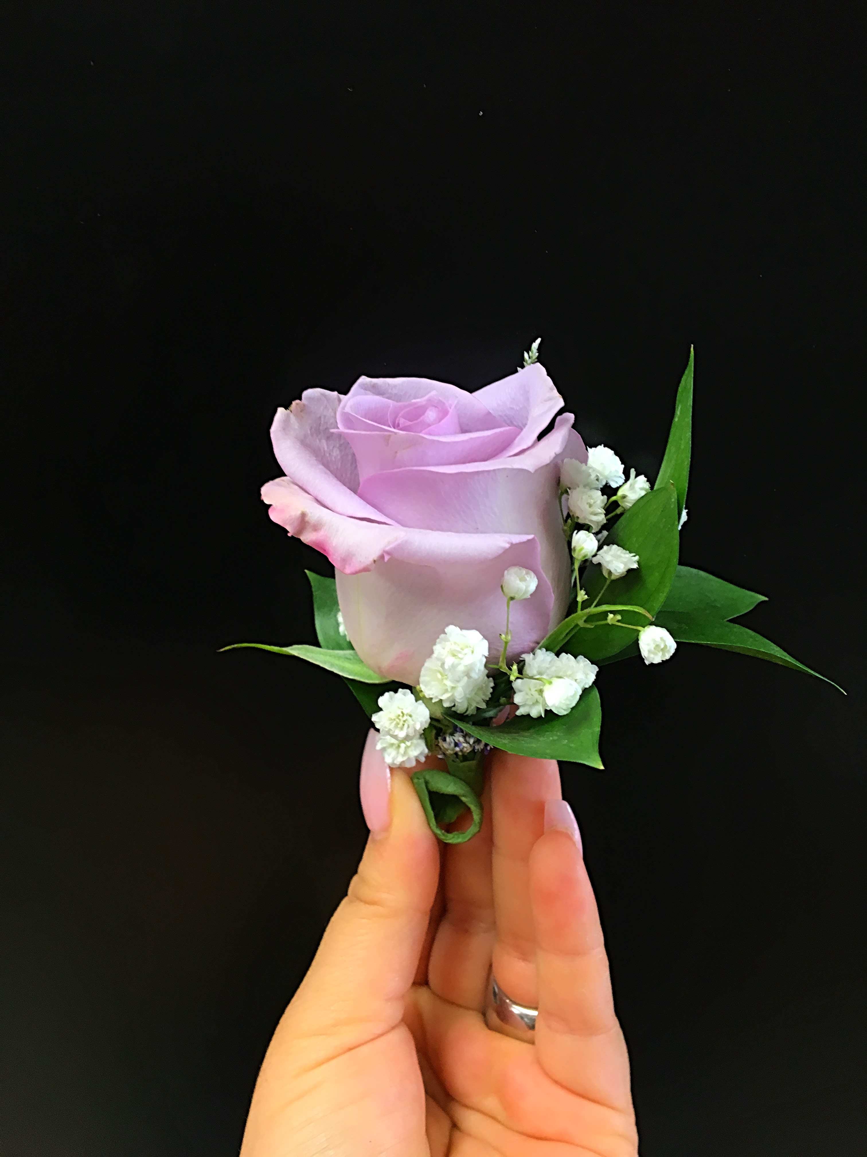 Lavender rose boutonniere with white baby's breath and green leaves